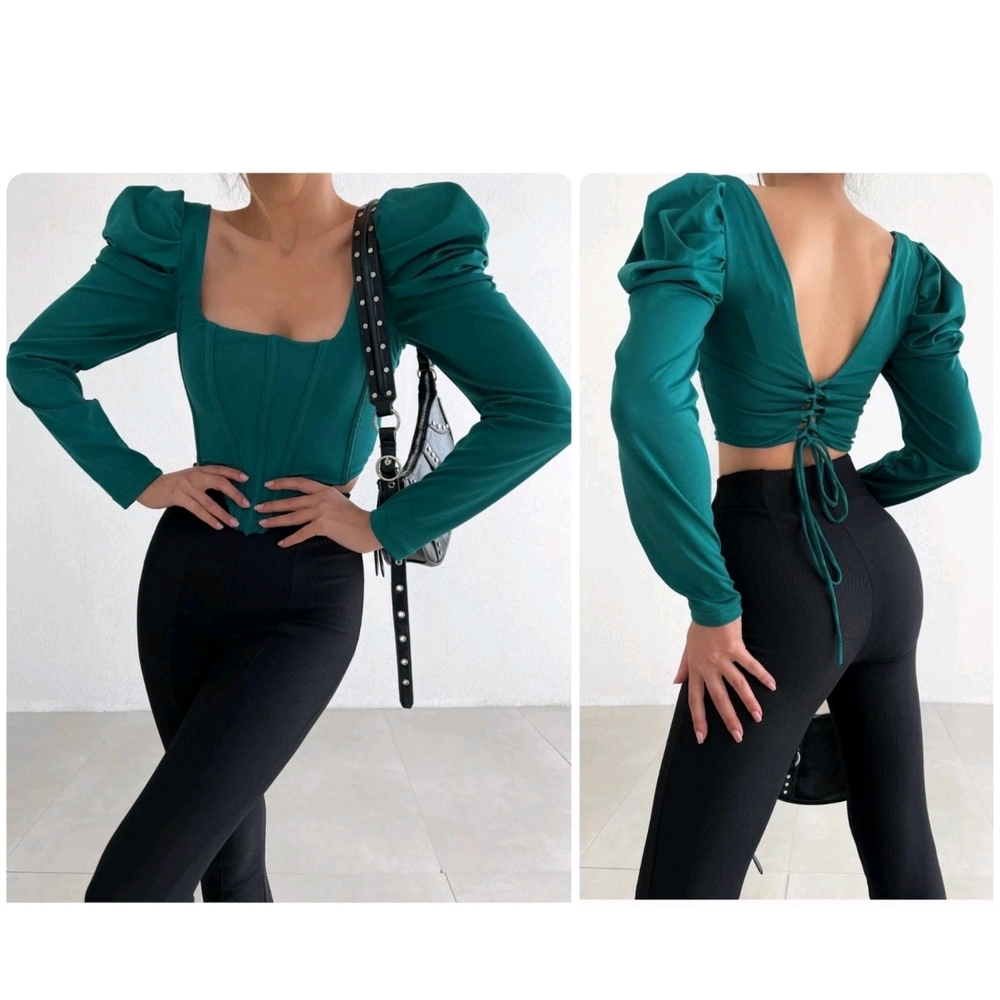 QUZU Lace Up Goddess Corset, Puff Sleeve, Crop Top